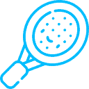 Blaue Umrissdarstellung eines Tennisschlägers mit rundem Kopf und sichtbaren Saiten.