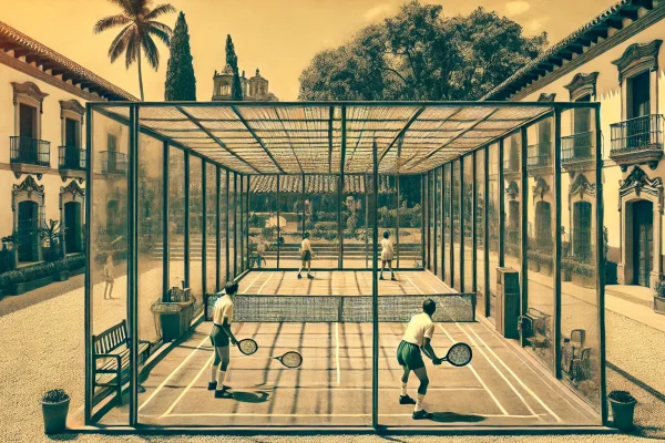 DALL·E 2024-07-19 12.40.15 - A vintage-style image of an old padel court from the 1960s in Mexico. The court is small, measuring about 20x10 meters, and is fully enclosed by glass